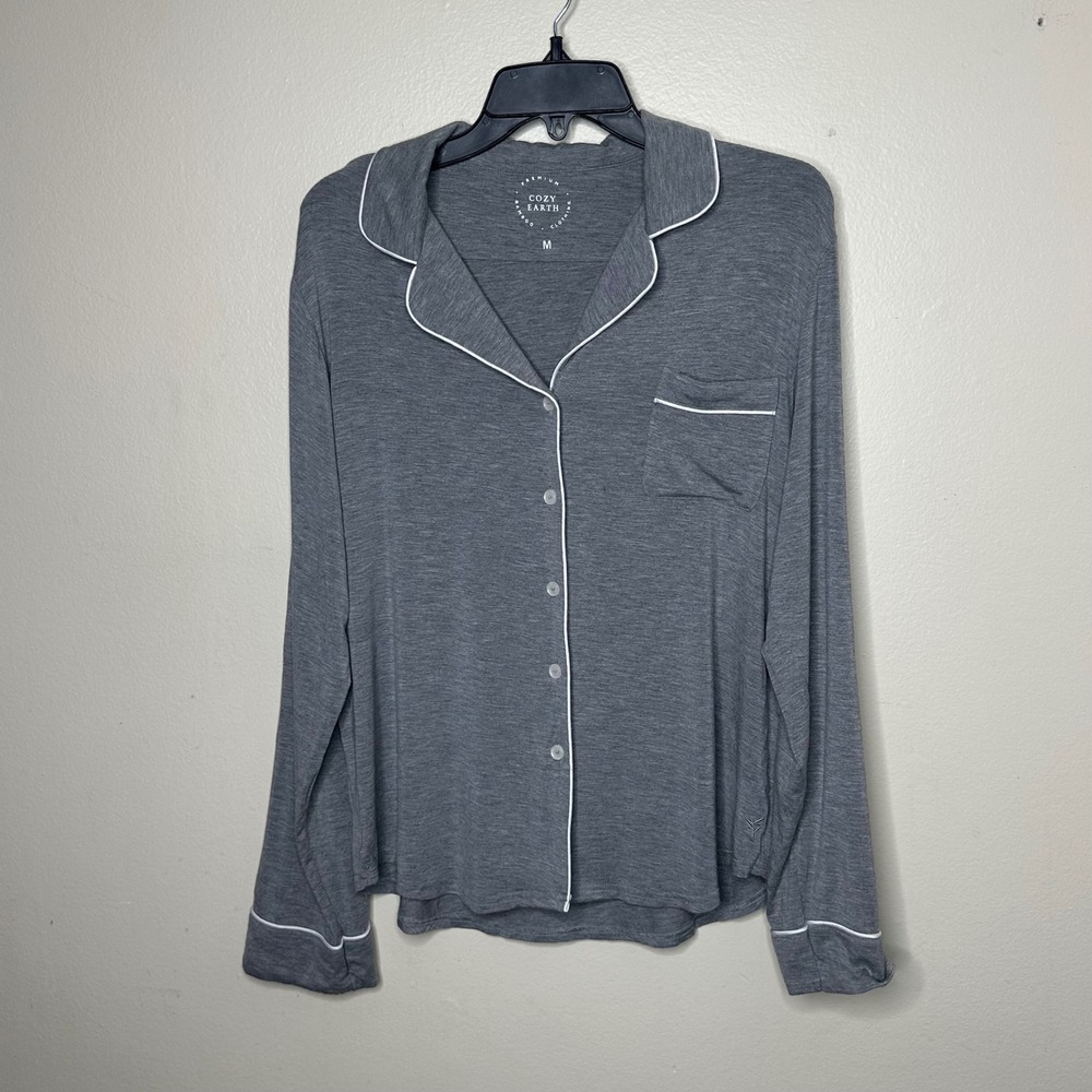Cozy Earth Pajama Top Bamboo Viscose Long Sleeve Button Down Gray size Medium